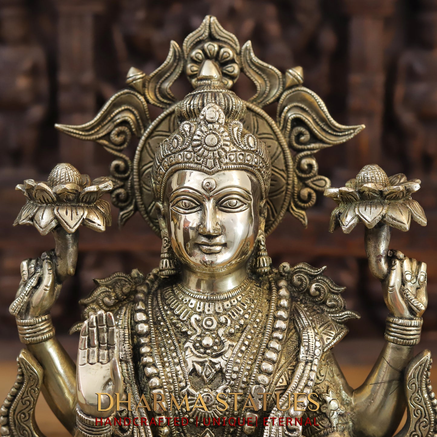 Brass Lakshmi seated on Lotus, Blessing Posture, Fine Golden Finish, 16"