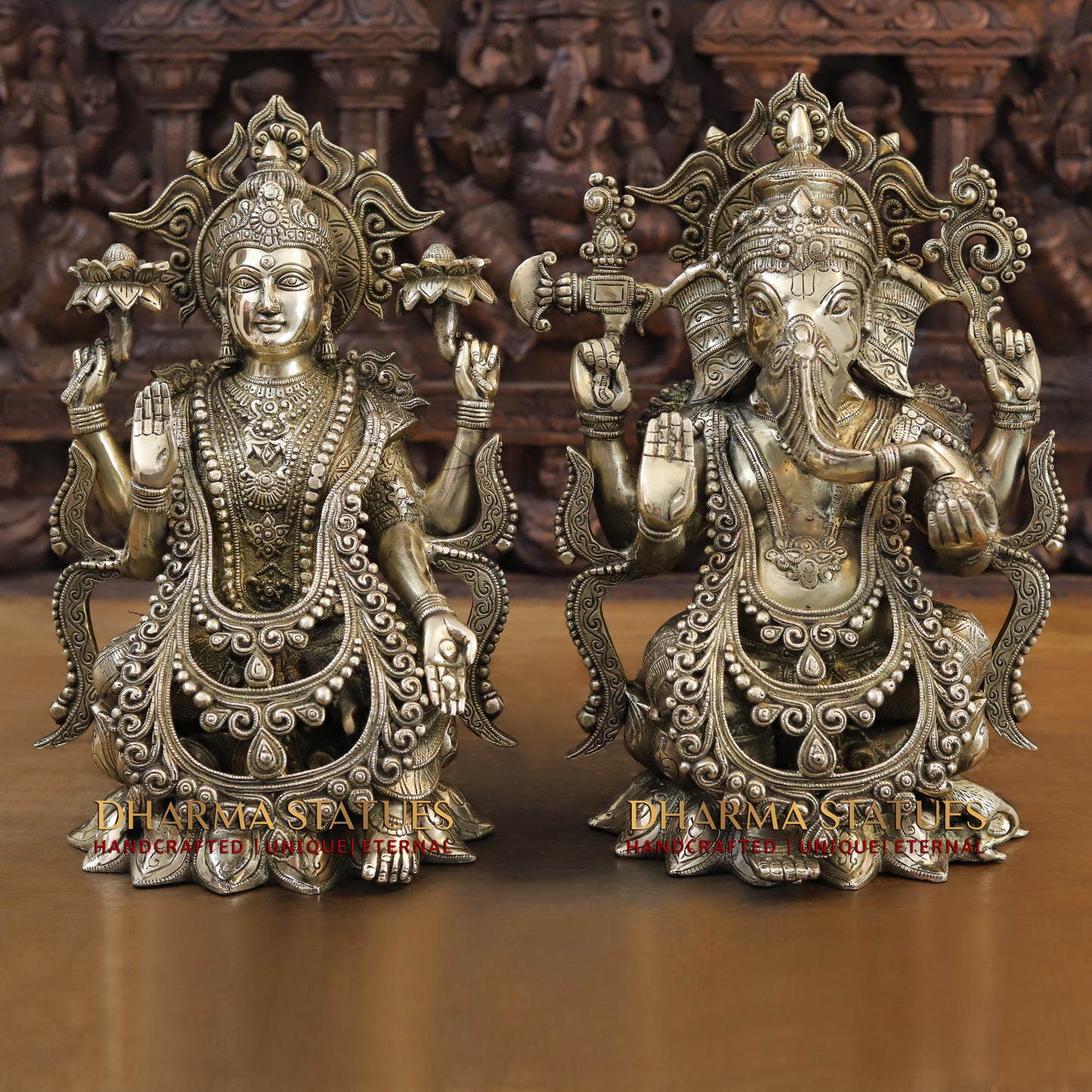 Brass Lakshmi & Ganesh seated on Lotus, Blessing Posture, Fine Golden Finish, 16"