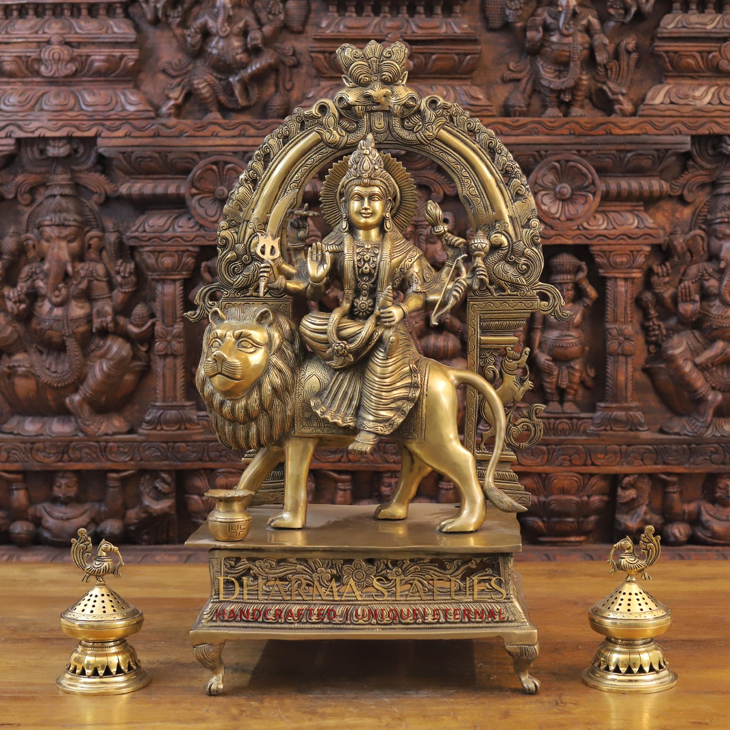 Brass Durga Statue, Bestower of Strength & Protection, Mounted on Pedestal, 27"