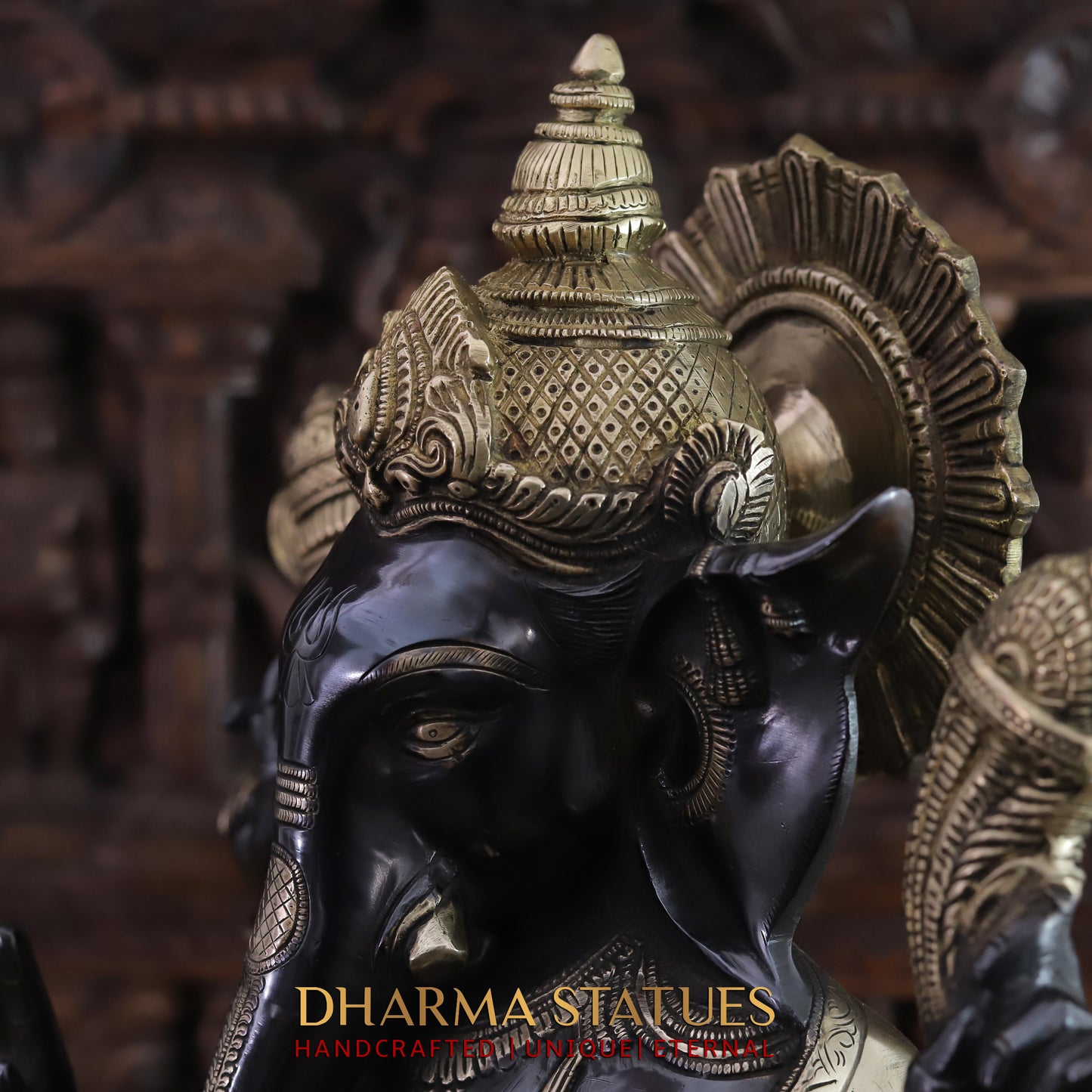 Brass Ganesh seated on Base, Black Patina & Golden Finish, 21"