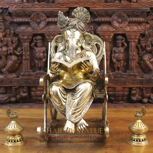 Brass Ganesh sitting on a Chair, Reading a Book, Golden Finish, 24"