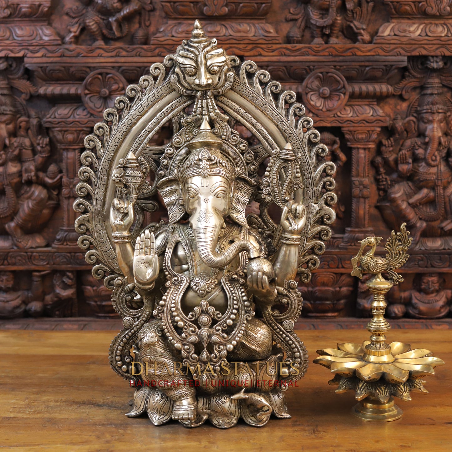 Brass Ganesh Seated with Frame,  Fine Golden Finish 25.5"
