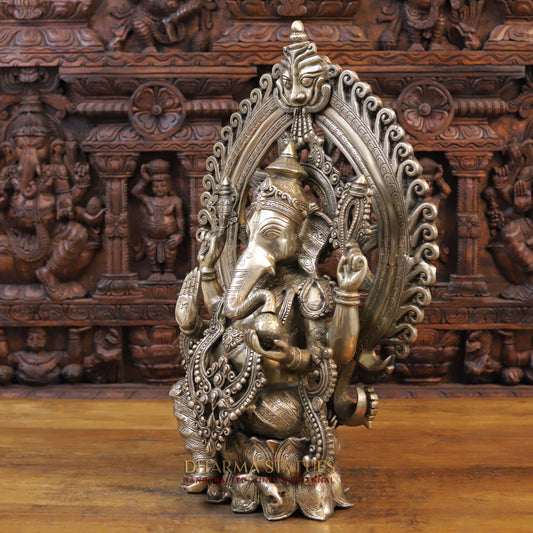 Brass Ganesh Idol, Seated on a Lotus in Blessing Posture, Fine Golden Finish 25.5" sid eview