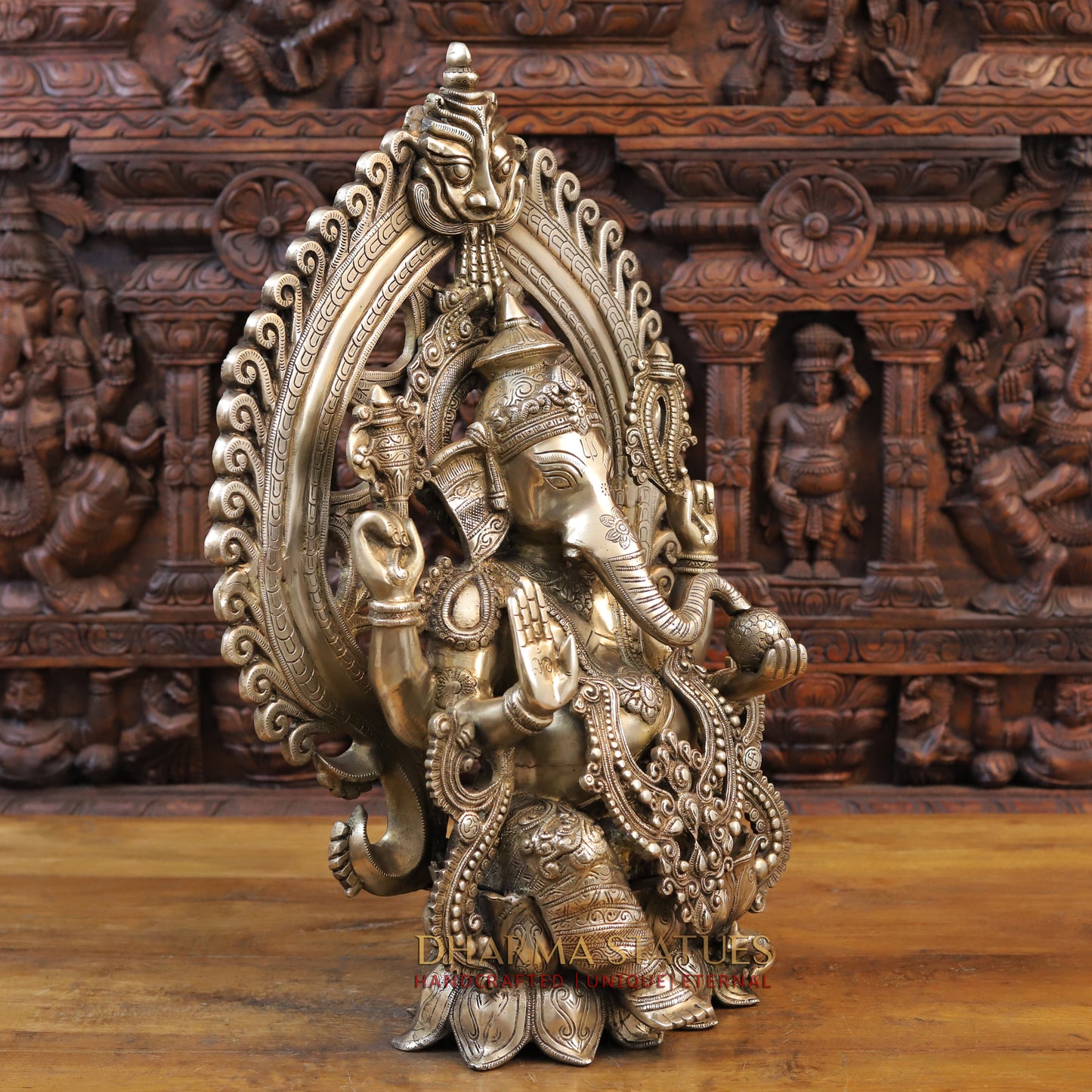 Brass Ganesh Seated with Frame,  Fine Golden Finish 25.5"
