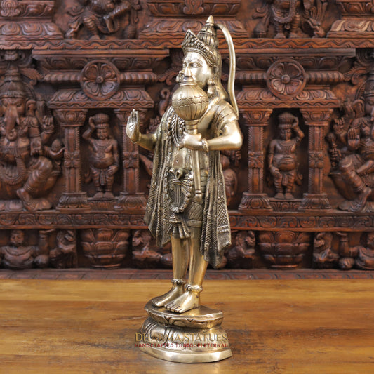 Brass Lord Hanuman Idol, Standing on a Base, Fine Golden Finish 26" side view