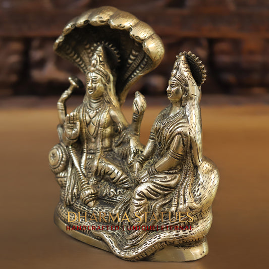 Brass Lakshmi Narayan Statue, Seated on Sheshnag, Fine Golden Finish 8"