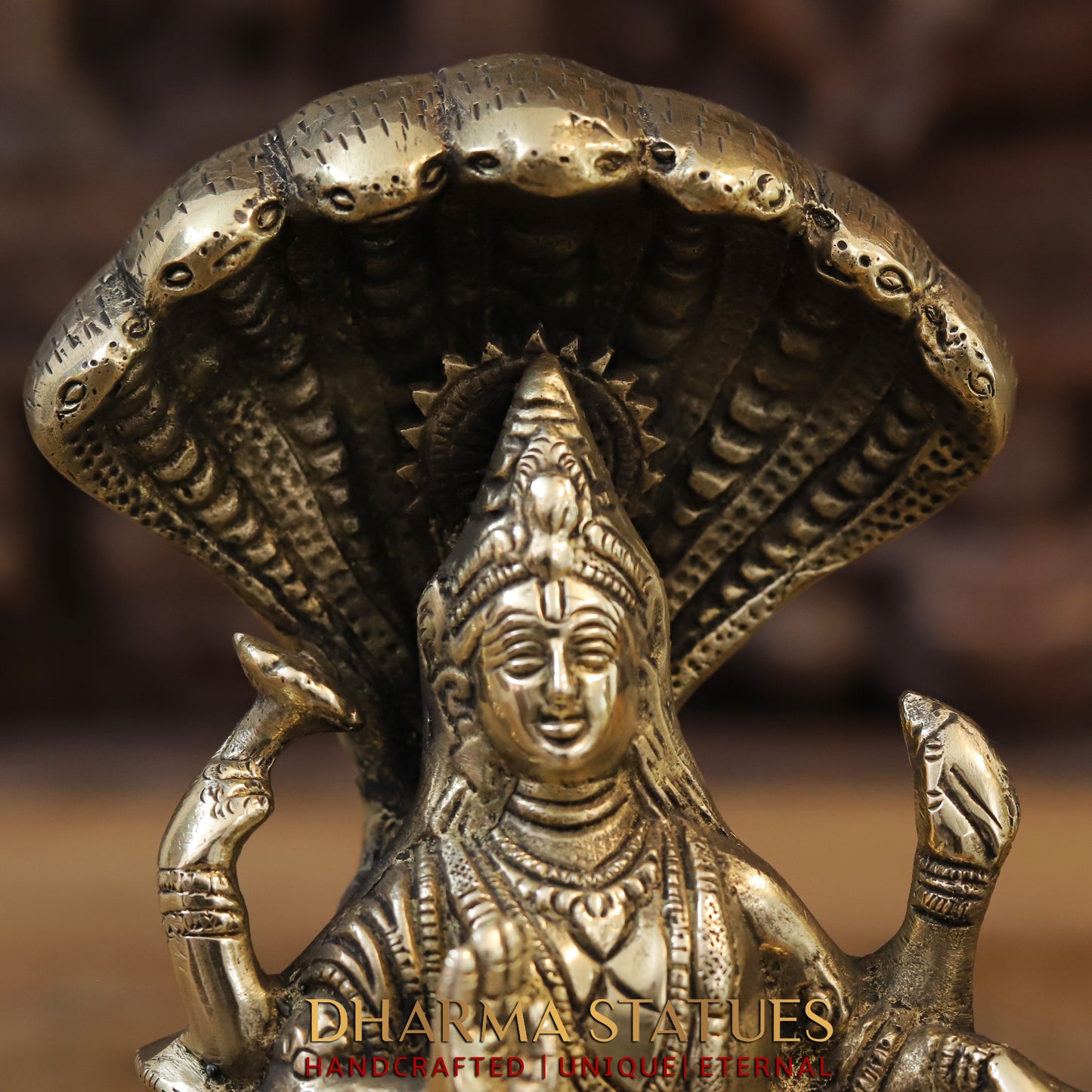 Brass Lakshmi Narayan Statue, Seated on Sheshnag, Fine Golden Finish 8"