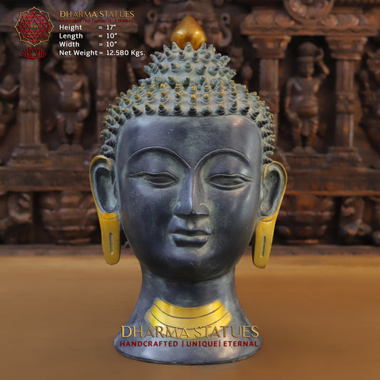 Brass Buddha Head in Meditation Expression, Graphite Patina Finish, 17"