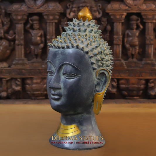 Brass Buddha Head in Meditation Expression, Graphite Patina Finish, 17"