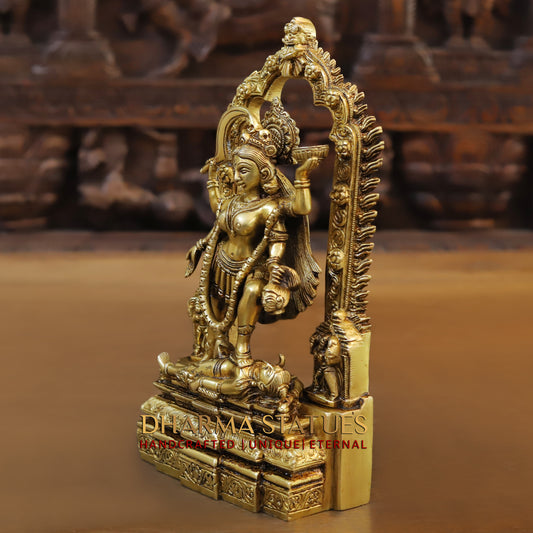 Brass Kali Statue with Kirtimukha, Fine Golden Finish, 10.5"