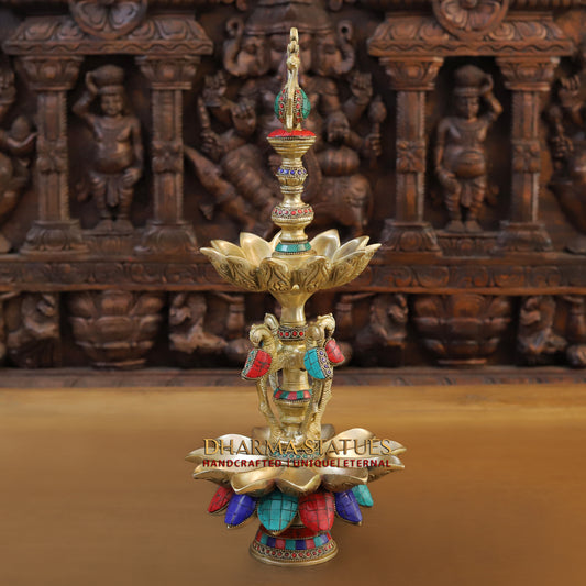 Brass Peacock Oil Lamp, Golden & Stonework, 20"