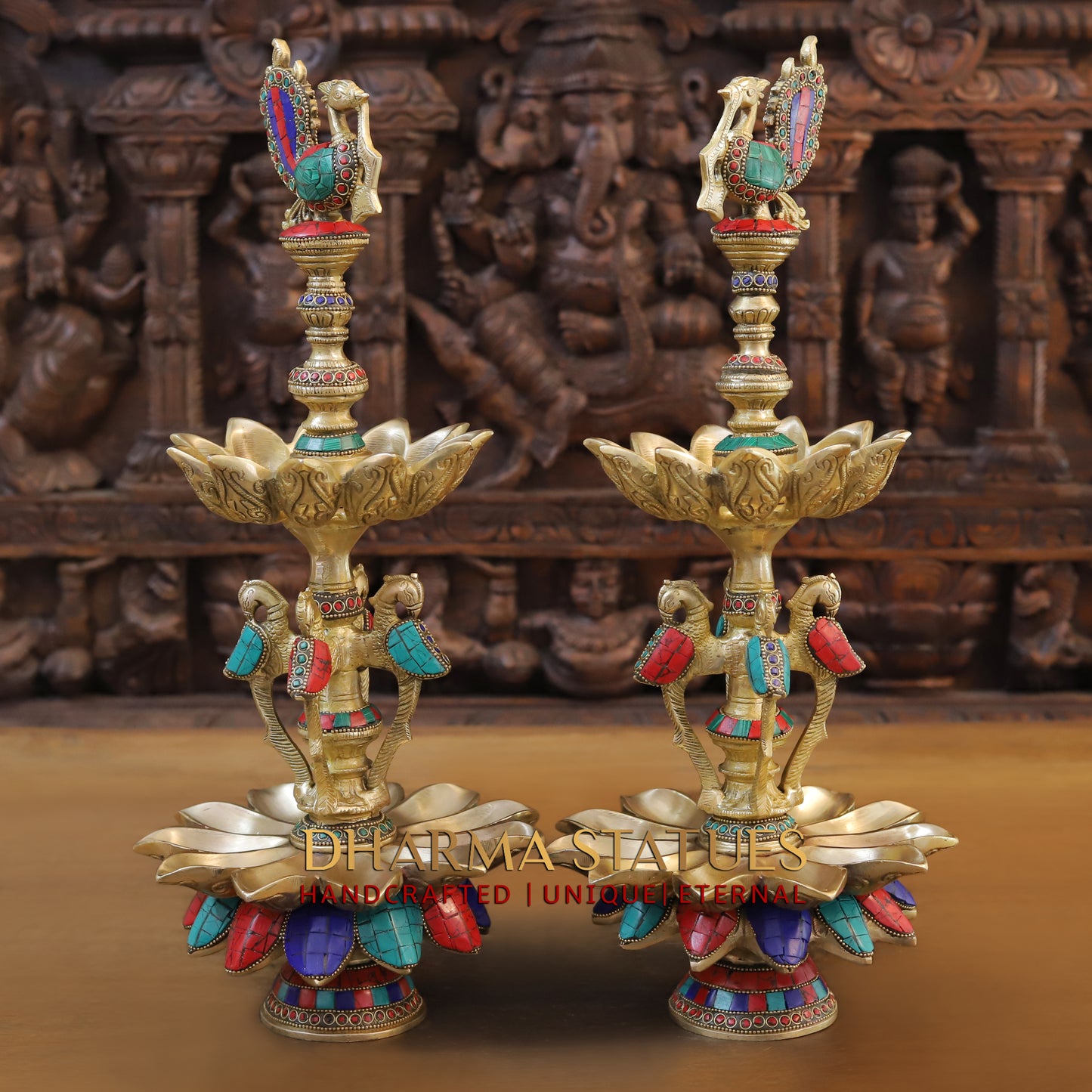 Brass Peacock Oil Lamp, Golden & Stonework, 20"