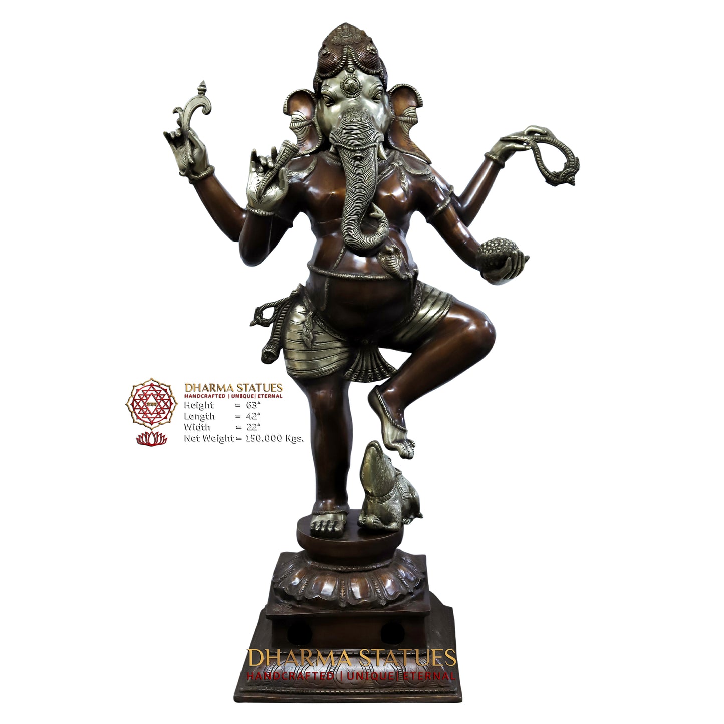 Brass Nritya Ganapati Statue with Shakti, Copper Finish, 63"