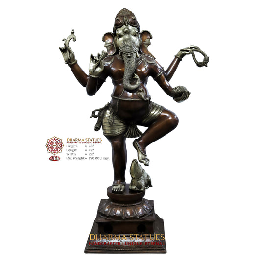Brass Nritya Ganapati Statue with Shakti, Copper Finish, 63"