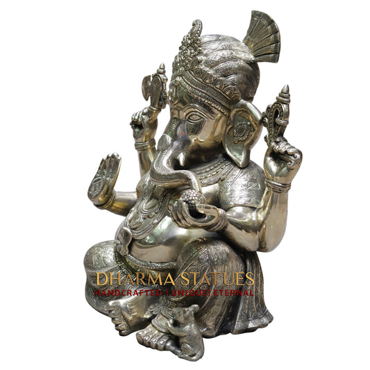 Brass Ganesh Seated, Silver Statue, 20"