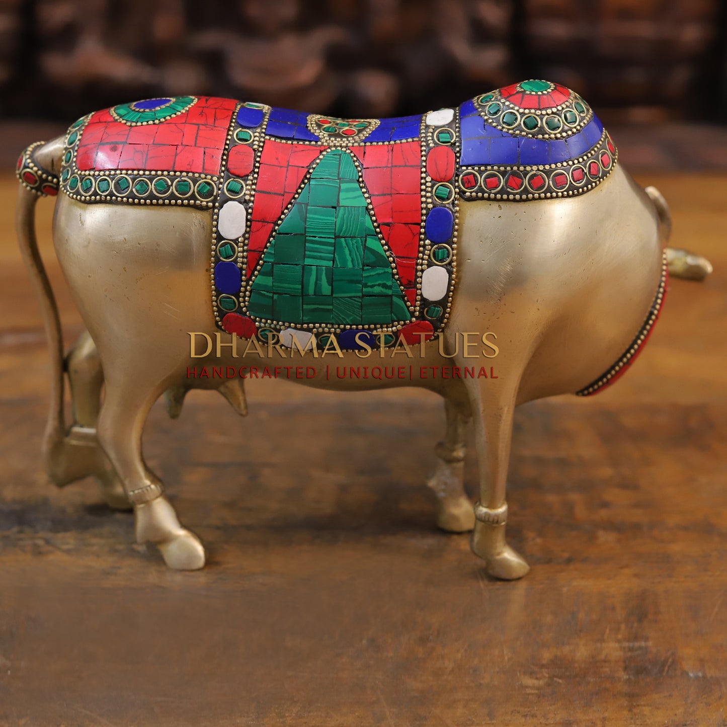 Brass Cow Standing Idol, Fine Golden Finish with Stone work 7.5"