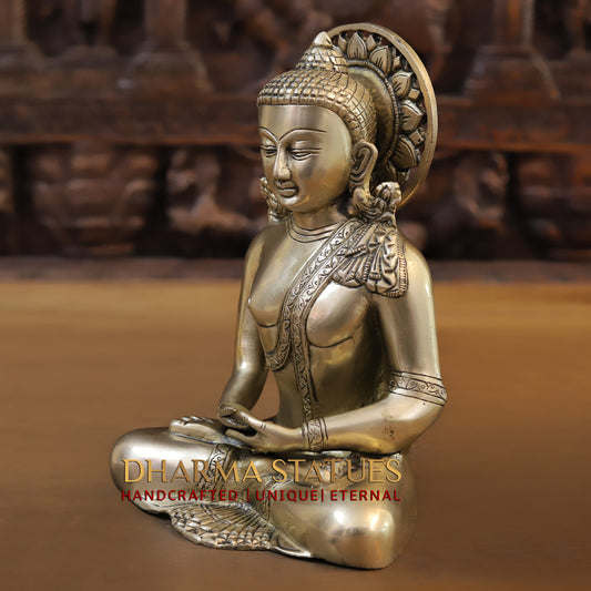 Brass Tibetan Buddha Seated, Golden Finish, 10"