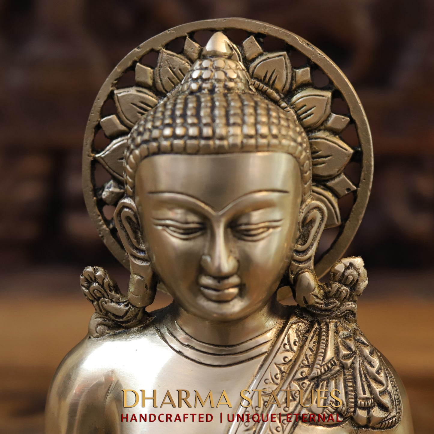 Brass Tibetan Buddha Seated, Golden Finish, 10"