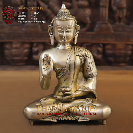 Brass Buddha in Blessing Position, Golden Finish, 11.5"
