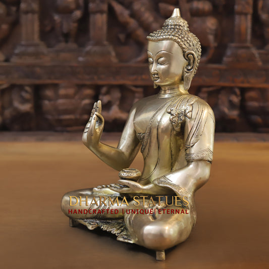 Brass Buddha in Blessing Position, Golden Finish, 11.5"