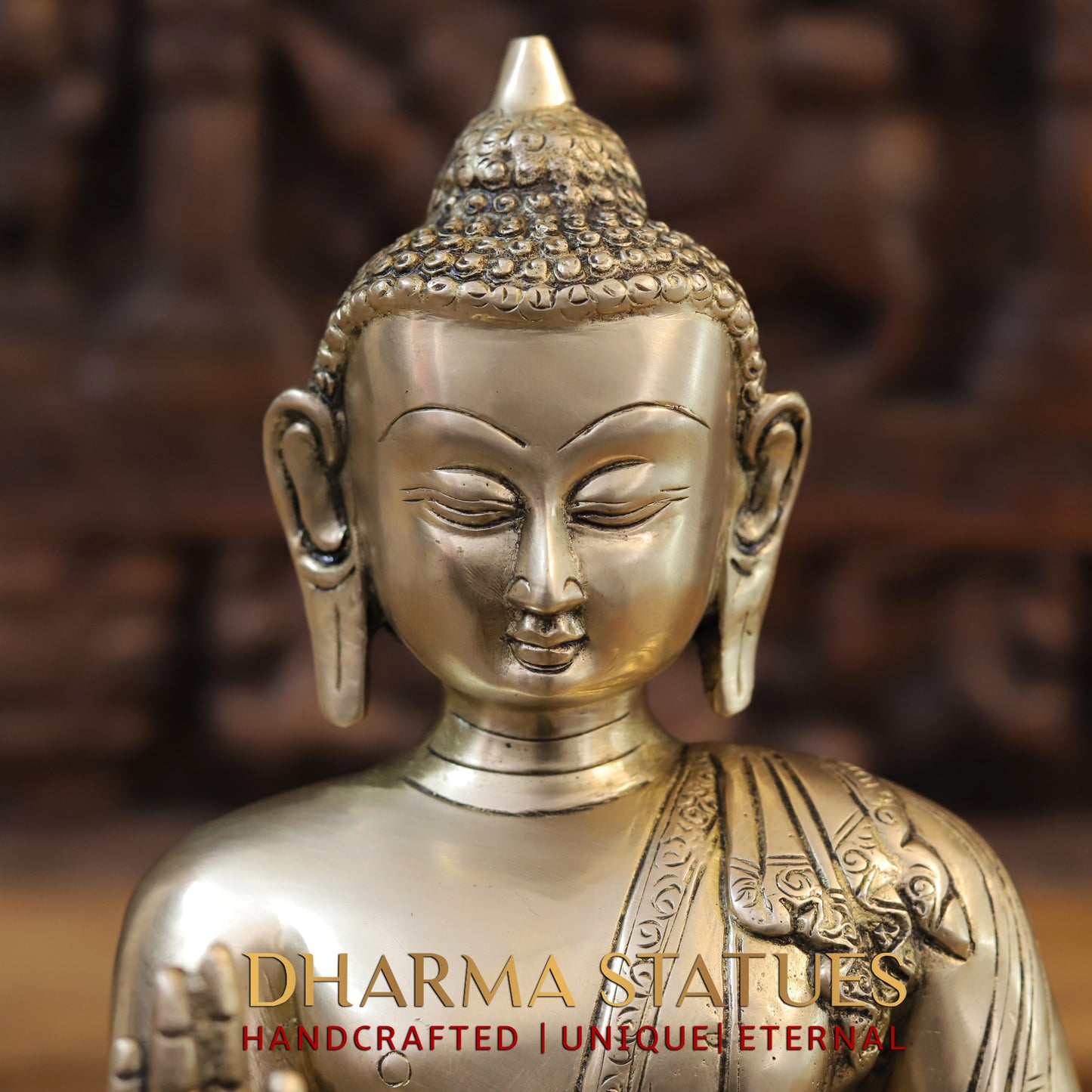 Brass Buddha in Blessing Position, Golden Finish, 11.5"