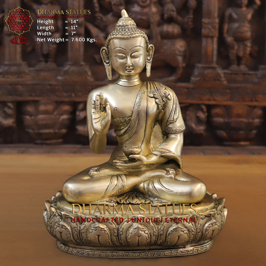 Brass Buddha in Blessing Position, Golden Finish, 14"