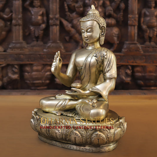 Brass Buddha in Blessing Position, Golden Finish, 14"