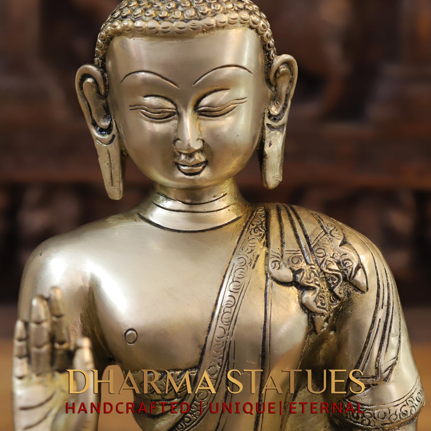 Brass Buddha in Blessing Position, Golden Finish, 14"