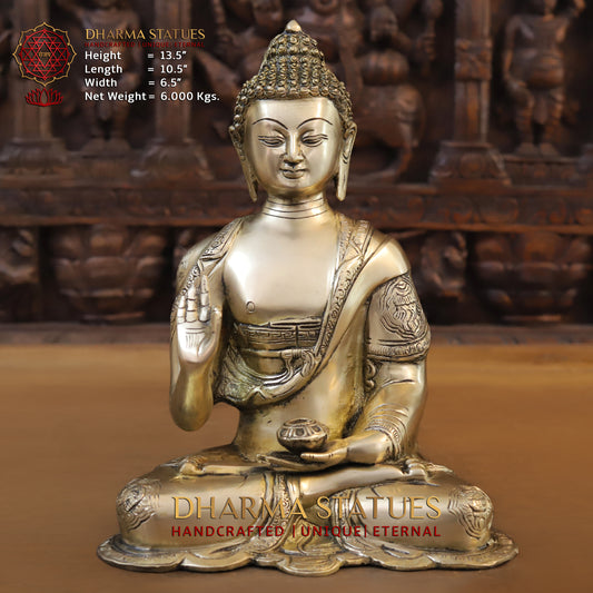 Brass Buddha in Blessing Position, Golden Finish, 13.5"