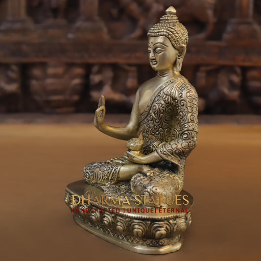 Brass Buddha in Blessing Position, Golden Finish, 10"
