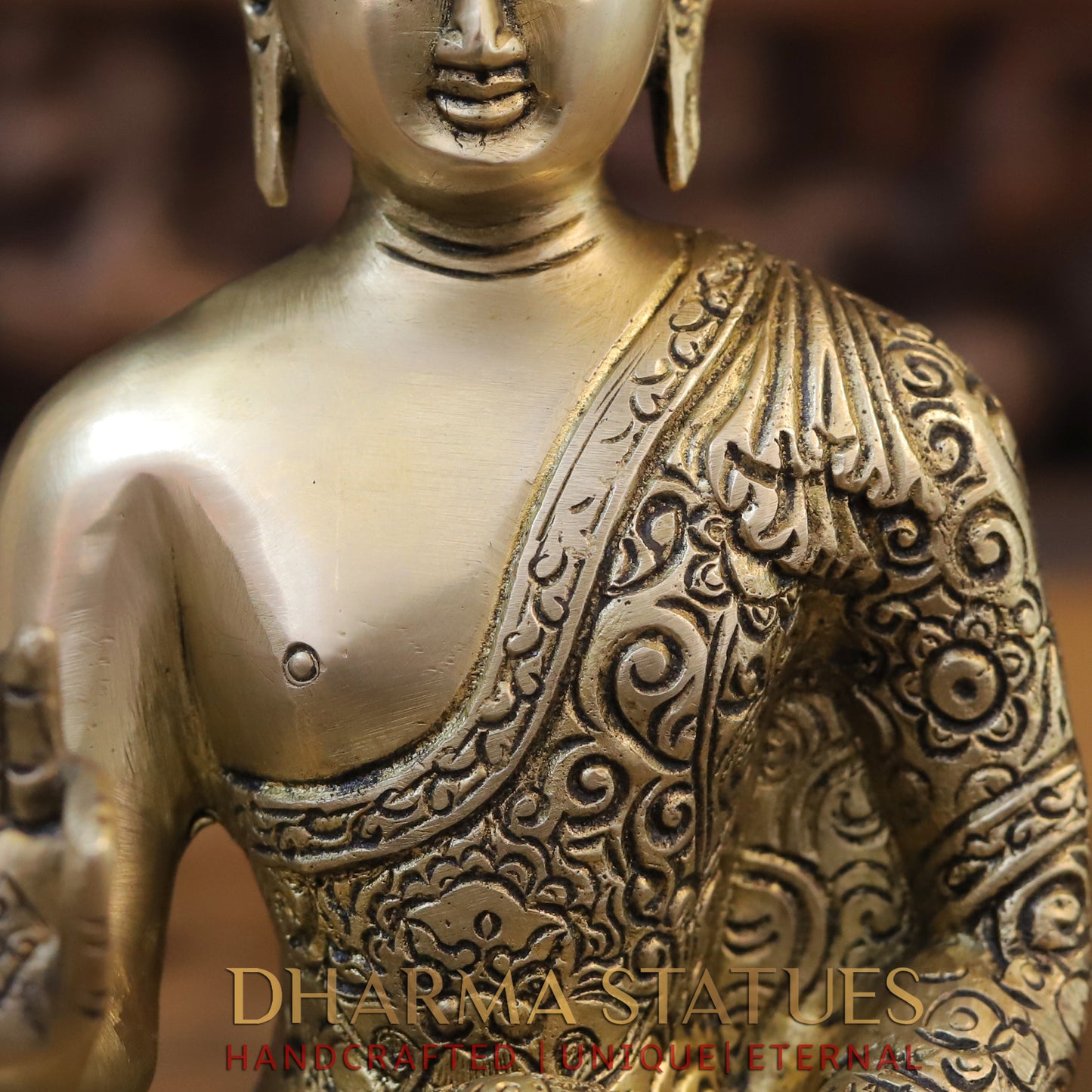 Brass Buddha in Blessing Position, Golden Finish, 10"