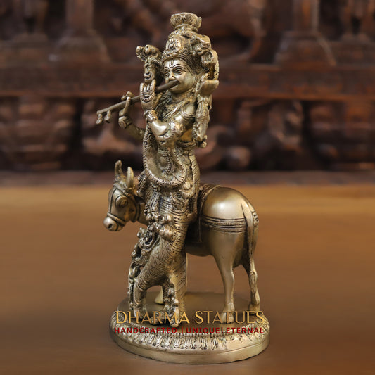 Brass Krishna Playing Flute with Nandi Cow on a Base, Gold Finish, 10"