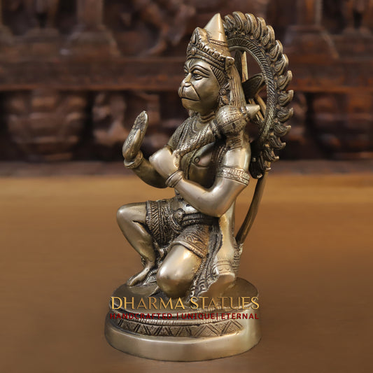 Brass Hanuman Statue, Seated in a Blessing Posture, Golden Finish, 10"