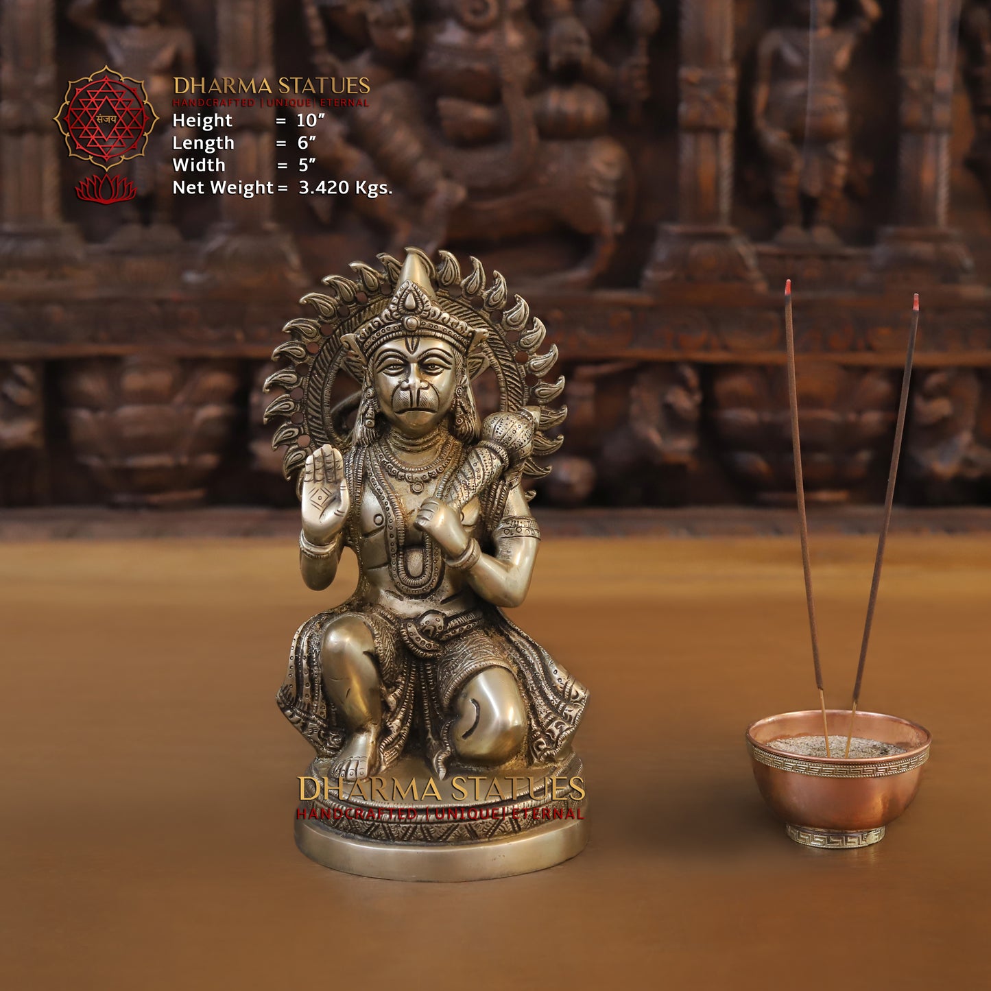 Brass Hanuman Statue, Seated in a Blessing Posture, Golden Finish, 10"