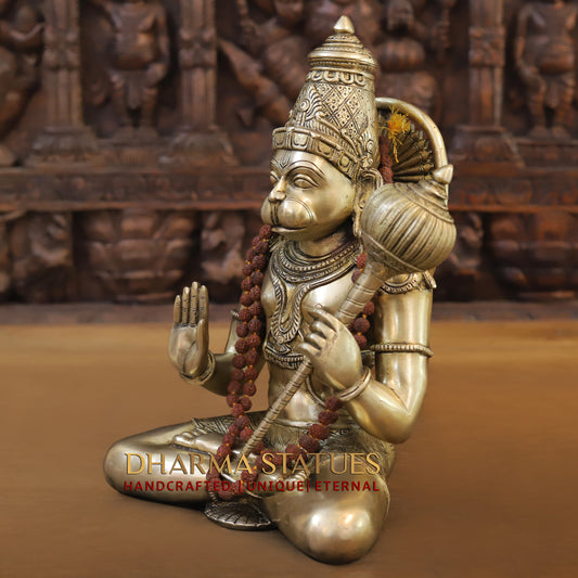 Brass Hanuman Statue, Seated in a Blessing Posture, Gold Finish, 13"