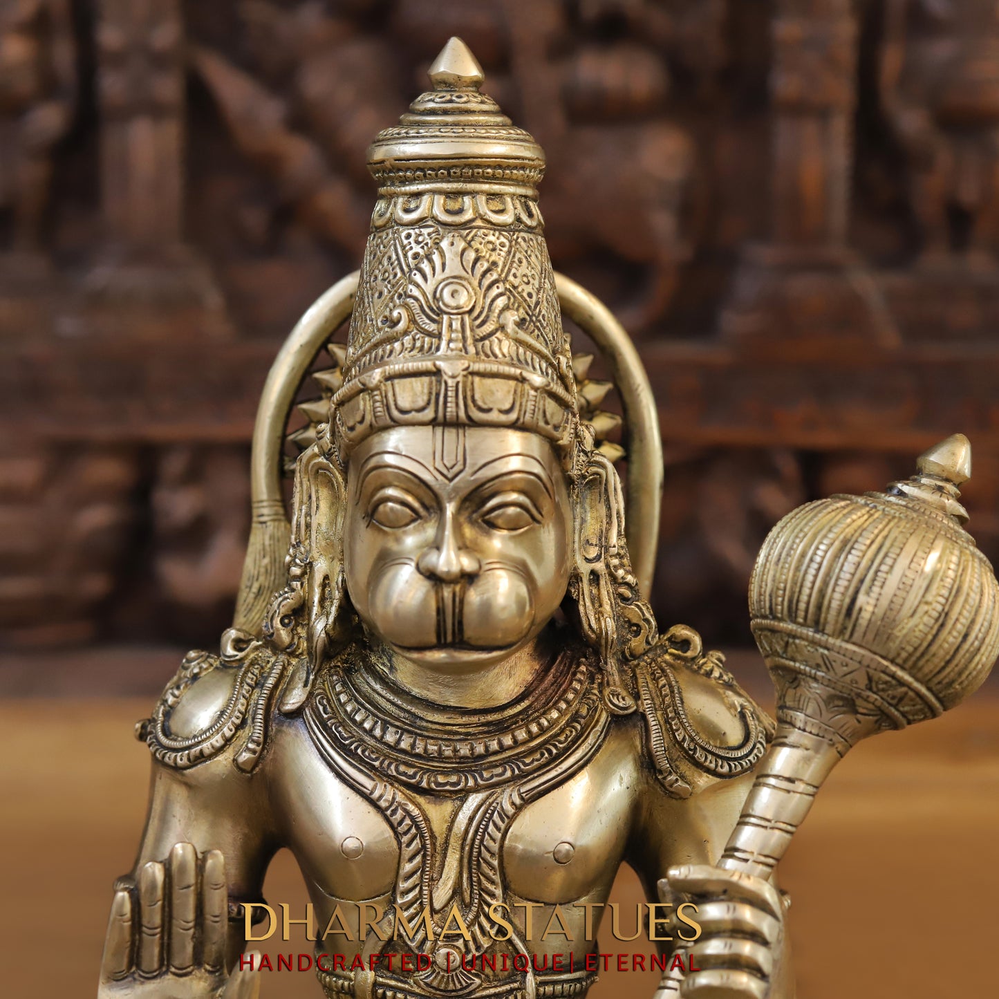 Brass Hanuman Statue, Seated in a Blessing Posture, Gold Finish, 13"