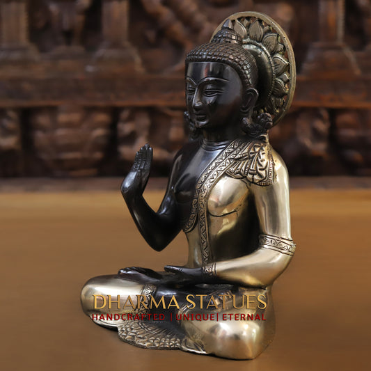 Brass Buddha Statue, Seated in Blessing Posture, Black Patina & Golden Finish, 10"