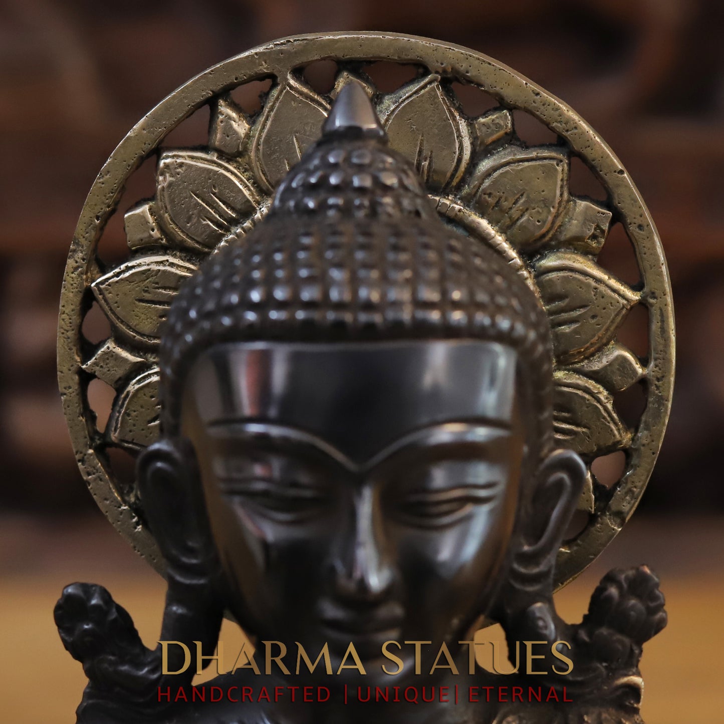 Brass Buddha Statue, Seated in Blessing Posture, Black Patina & Golden Finish, 10"