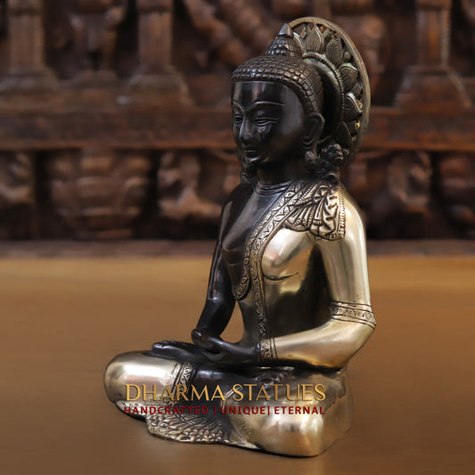 Brass Buddha Statue Seated, Black Patina & Golden Finish, 10"