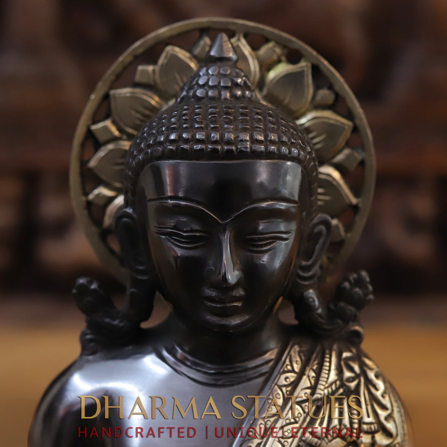 Brass Buddha Statue Seated, Black Patina & Golden Finish, 10"