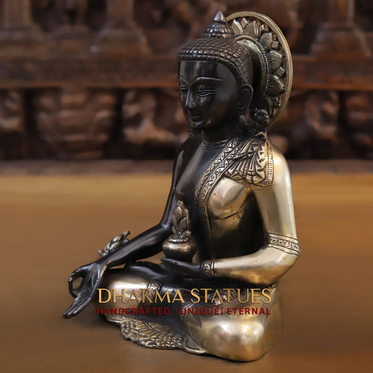 Brass Buddha Statue Seated, Black Patina & Golden Finish, 10"