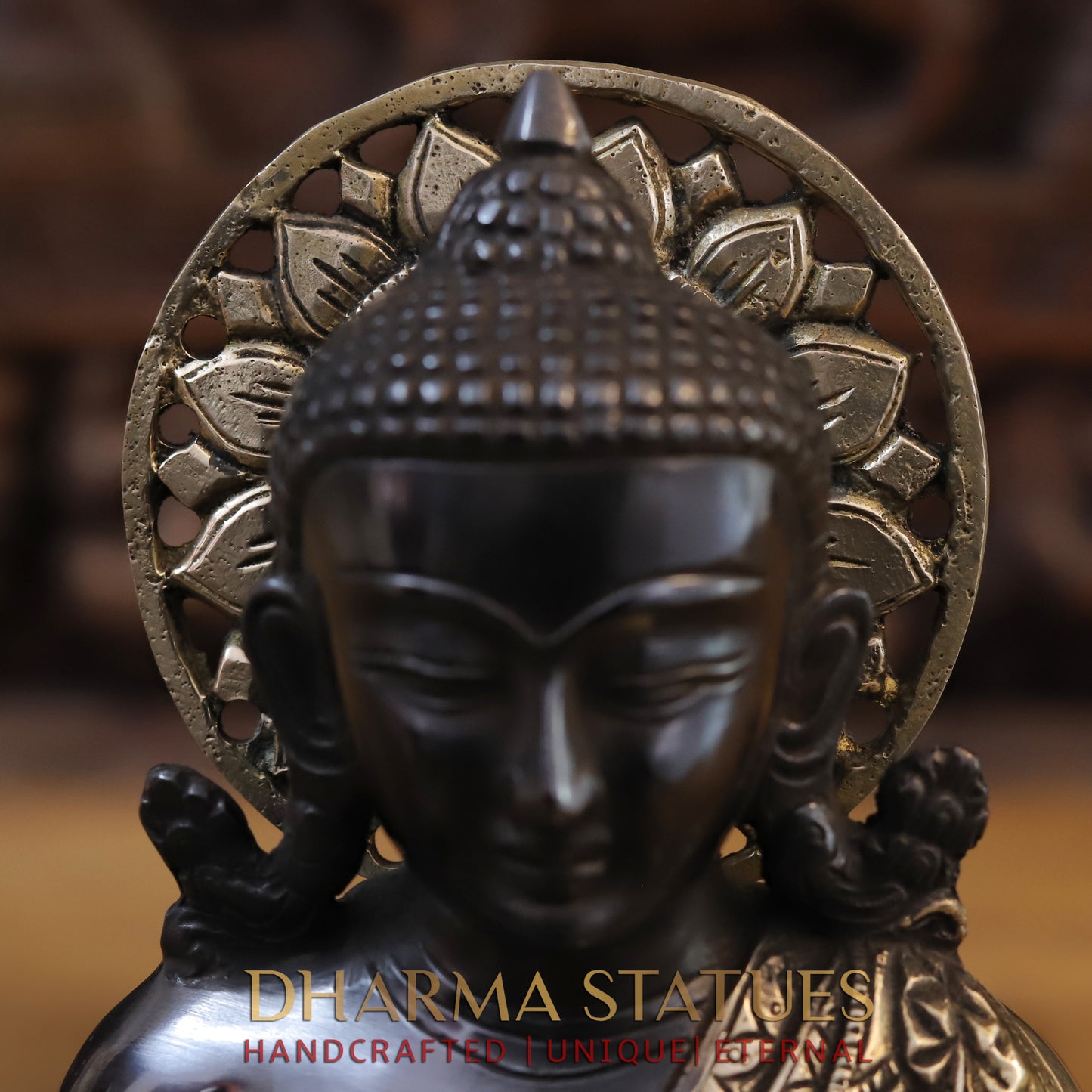 Brass Buddha Statue Seated, Black Patina & Golden Finish, 10"