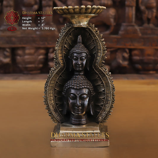 Brass Buddha Statue With Candle Holder, Double Face Buddha, Black Patina & Golden Finish, 12"