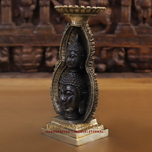 Brass Buddha Statue With Candle Holder, Double Face Buddha, Black Patina & Golden Finish, 12"