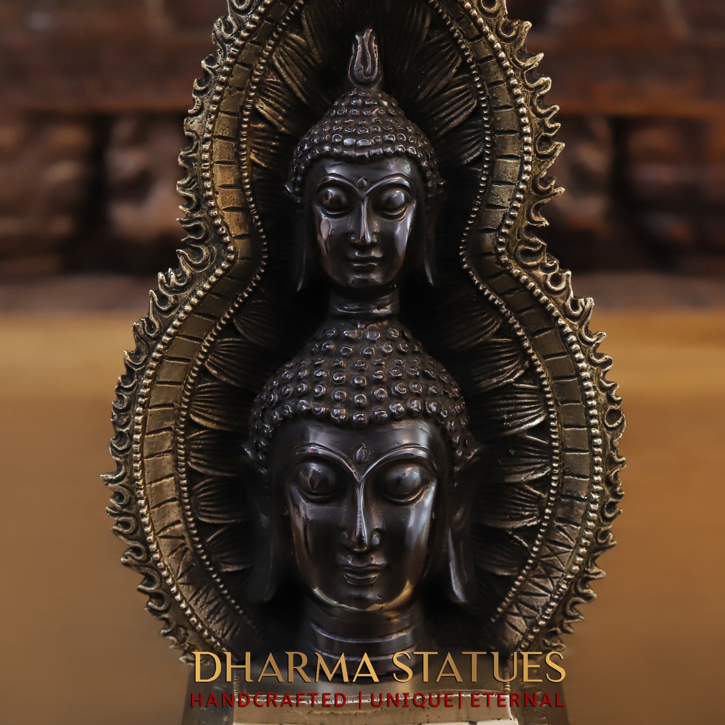 Brass Buddha Statue With Candle Holder, Double Face Buddha, Black Patina & Golden Finish, 12"