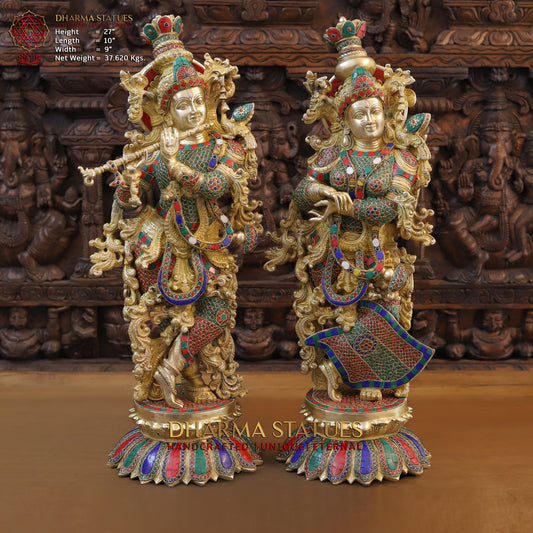 Brass Radha Krishna Statue, Stonework & Fine Gold Finish, 27"