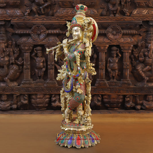Brass Radha Krishna Statue, Stonework & Fine Gold Finish, 27"