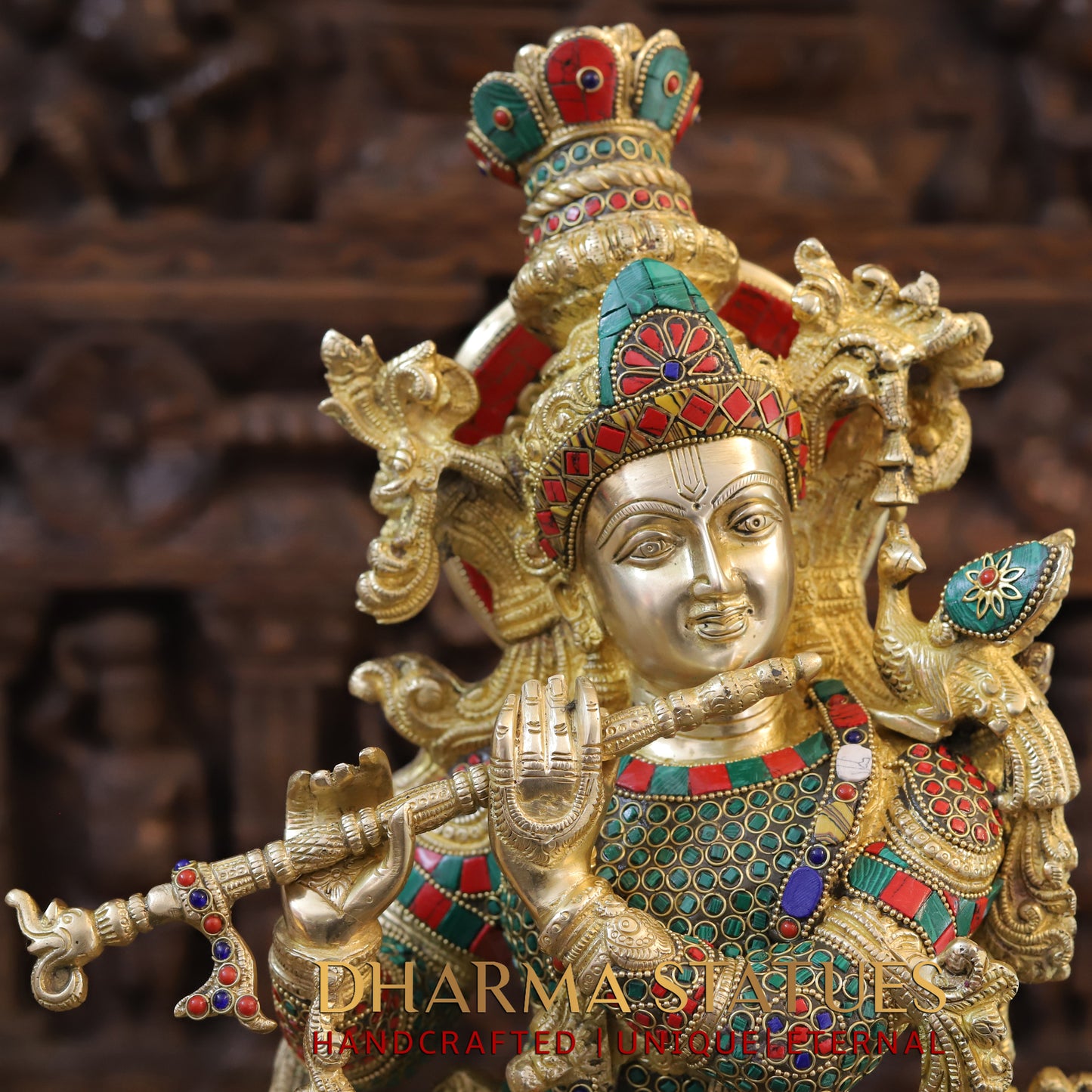 Brass Radha Krishna Statue, Stonework & Fine Gold Finish, 27"