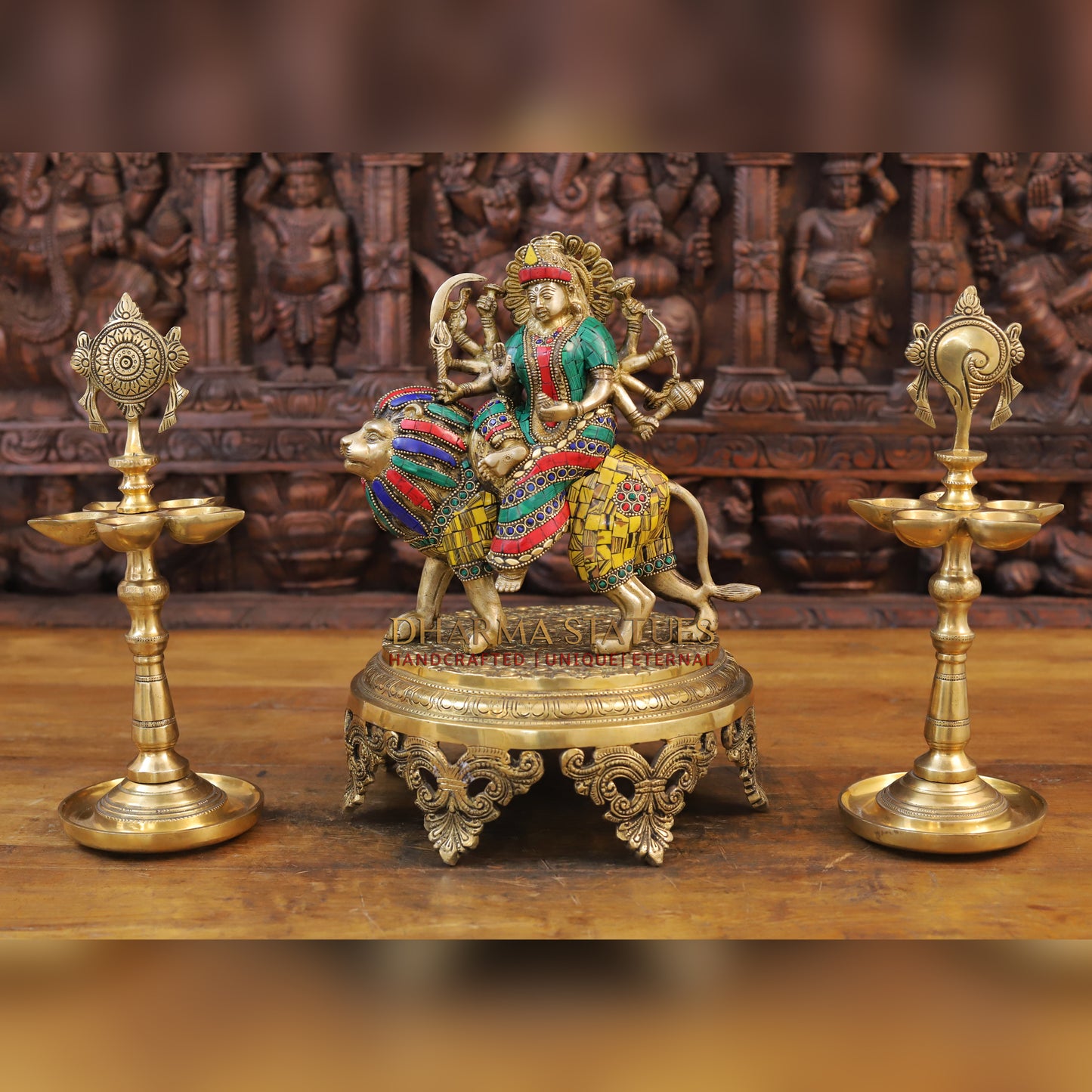 Brass Durga Idol, Mounted on a lion, Golden Finish with Intricate Stonework 10"