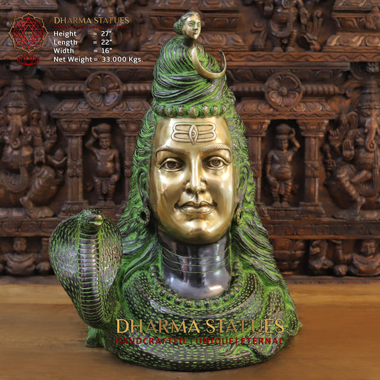 Brass Shiva Head, Green Patina & Golden Finish, 27"
